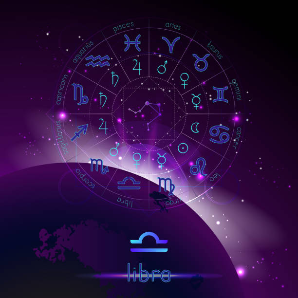 istock Vector illustration of sign and constellation LIBRA and Horoscope circle with astrology pictograms against the space background. 1161351671
