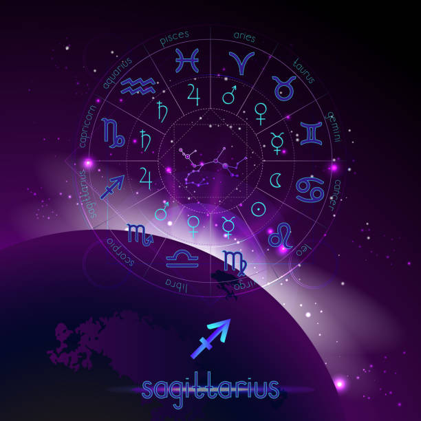 istock Vector illustration of sign and constellation SAGITTARIUS and Horoscope circle with astrology pictograms against the space background. 1161352082