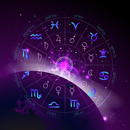Vector Illustration Of Horoscope Circle Zodiac Signs And Pictograms ...