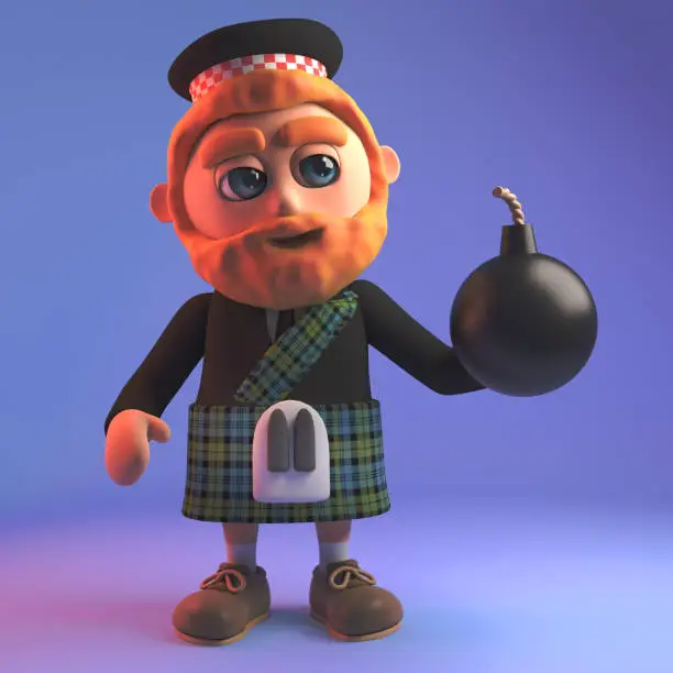 Photo of Perturbed Scotsman in tartan kilt holding a bomb, 3d illustration