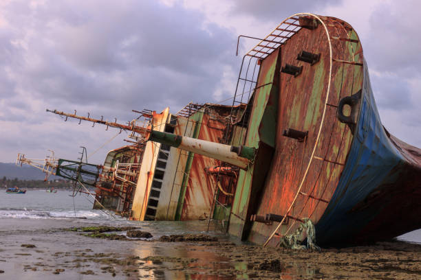 FV Viking Shipwreck The Viking, a stateless “ghost ship" that was destriyed on the 14th of march, 2016, by the Indonesian Navy, off the coast of Java, at Pangandaran. ghost ship stock pictures, royalty-free photos & images