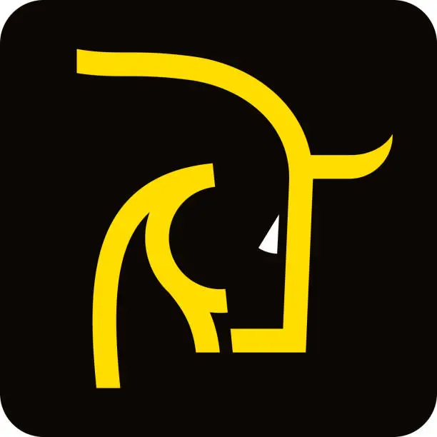 Vector illustration of Brave bull head icon in yellow and black in lineal geometric style.