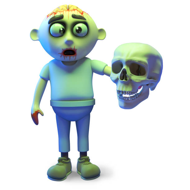 Scarey undead zombie monster holding a human skull, 3d illustration render