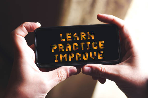 Learn Practice Improve Concept on screen smart phone Learn Practice Improve Concept on screen smart phone practicing stock pictures, royalty-free photos & images