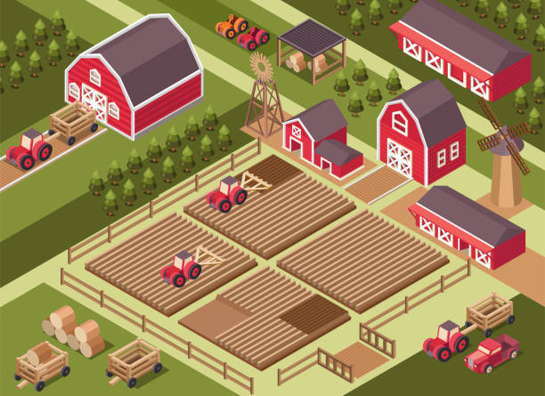 izometryczna ilustracja izometryczna farmy wektorowej. - isometric combine harvester tractor farm stock illustrations