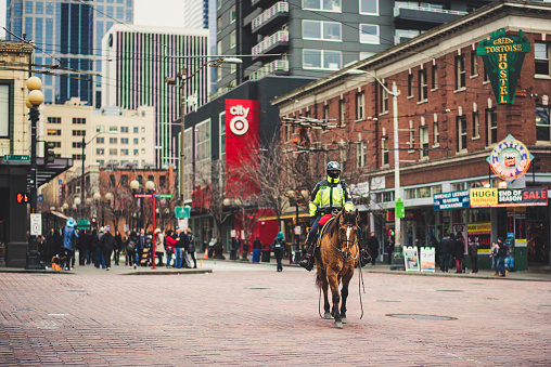 Seattle, United States - January 21st, 2015: Its the Mounted Patrol at Pike Place Market in Seattle Washington.