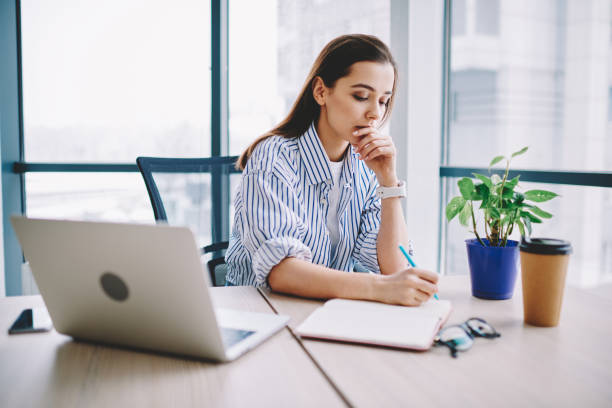 istock Concentrated on work woman making notes of planning project strategy sitting at desktop with netbook,creative pensive female web designer writing ideas in notebook organizing process in office 1161359545
