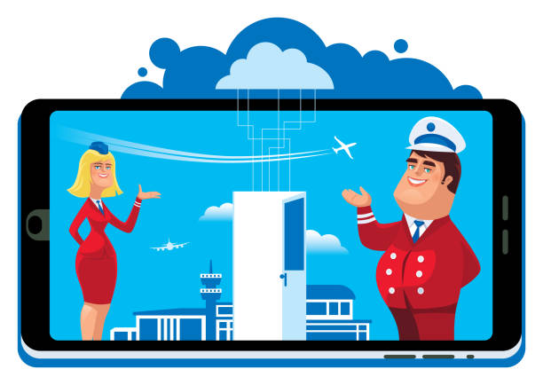 ilustrações de stock, clip art, desenhos animados e ícones de pilot and stewardess presenting with smartphone - entering airplane