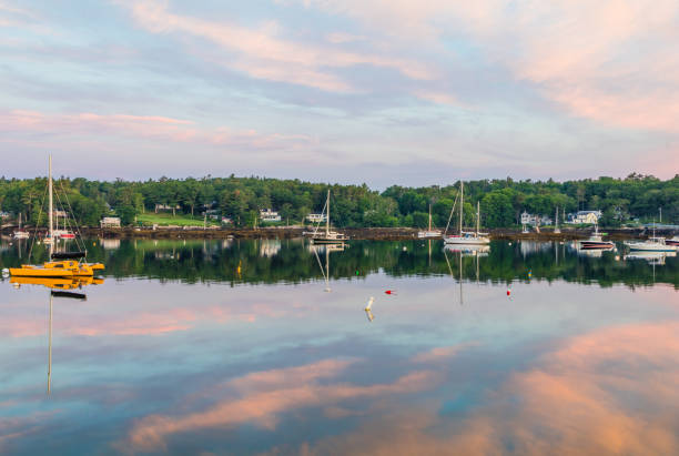 Boothbay Harbor Marina, Maine, at sunrise in soft beautiful quiet light on Independence Day