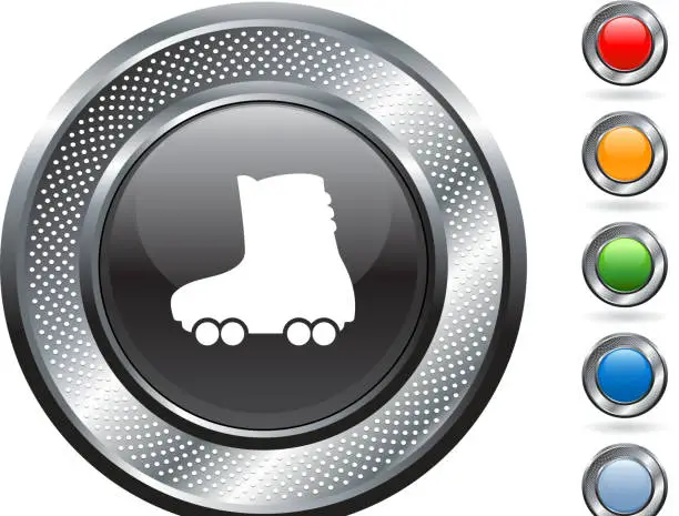 Vector illustration of rollerblades, skating royalty free vector art on metallic button