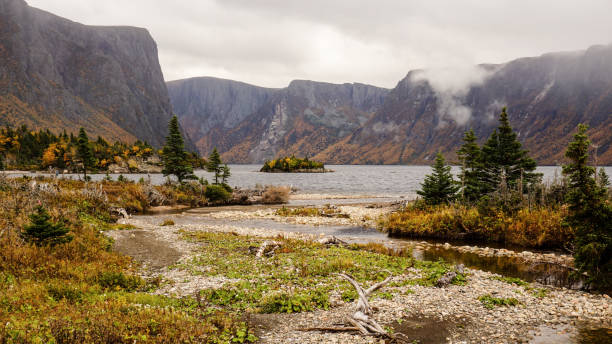 Mountain and Lake landscapes at the Western Brook Pond in Gros Morne National Park in Newfoundland, Canada. stock photo