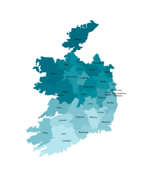 アイルランド共和国の簡略化された行政地図のベクトル分離図。地域の境界線と名前。カラフルなブルーカーキシルエット - carlow点のイラスト素材／クリップアート素材／マンガ素材／アイコン素材