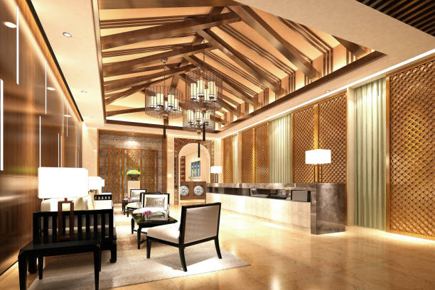 istock 3d render of luxury hotel lobby and reception 1161366599