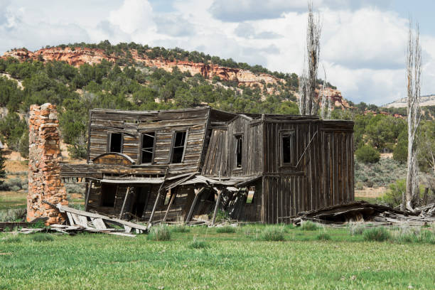 istock Old Wild West Collapsed Village Structure Building next to Large Tree 1161367032
