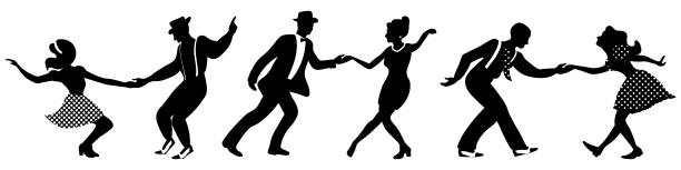 ilustraciones, imágenes clip art, dibujos animados e iconos de stock de conjunto de tres siluetas de parejas de baile negativo sobre fondo blanco. gente en 1940s o 1950s estilo. hombres y mujeres en swing, jazz, lindy hop o boogie woogie party. ilustración vectorial. - 1930