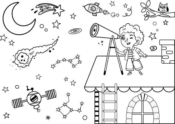 Black and White Science Loving Kid Black and white science loving kid observes space on his roof with his telescope. Vector illustration. clip art of a meteoroids stock illustrations