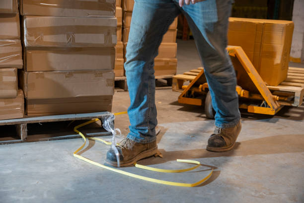 istock An industrial, warehouse, workplace safety topic.  An employee risks injury by catching his boot in plastic strapping. 1161374263