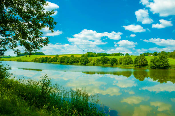 istock reflecting clouds on a lake with trees and meadows 1161374453