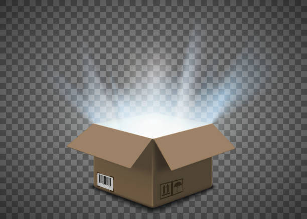 Open empty cardboard box with a glow inside Open cardboard box with a glow inside. Isolated on a transparent background. Vector illustration. box container stock illustrations