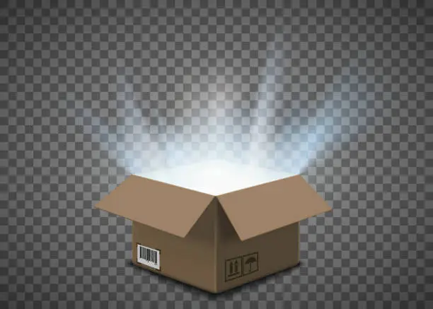 Vector illustration of Open empty cardboard box with a glow inside