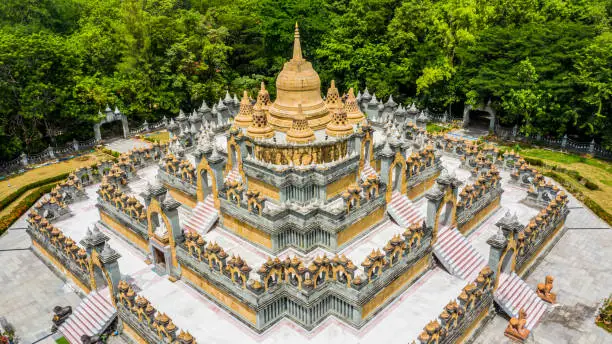 Photo of Aerial view sandstone pagoda in Wat Pa Kung Temple, Wat Prachakom Wanaram, Roi Et, Thailand.
