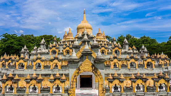 Aerial view sandstone pagoda in Wat Pa Kung Temple, Wat Prachakom Wanaram, Roi Et, Thailand.