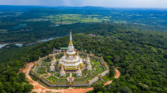 Aerial view Phra Maha Chedi Chai Mongkol or Phanamtip temple, Roi Et, Thailand.