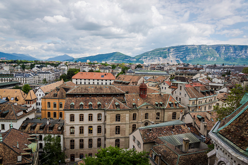 Panoramic view of the city from the South Tower of the St Peter's Cathedral in the Old Town, Geneva, Switzerland