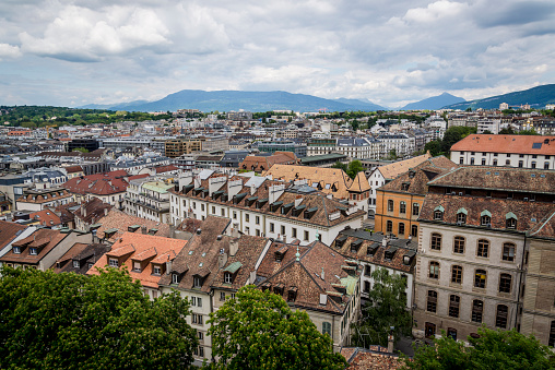 Panoramic view of the city from the South Tower of the St Peter's Cathedral in the Old Town, Geneva, Switzerland