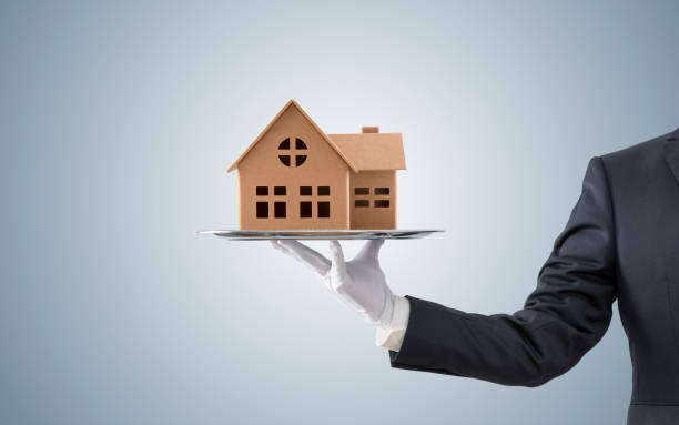 istock Businessman offering house model on silver tray 1161378094