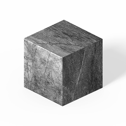 Textured stone cube isometric on white background with clipping path