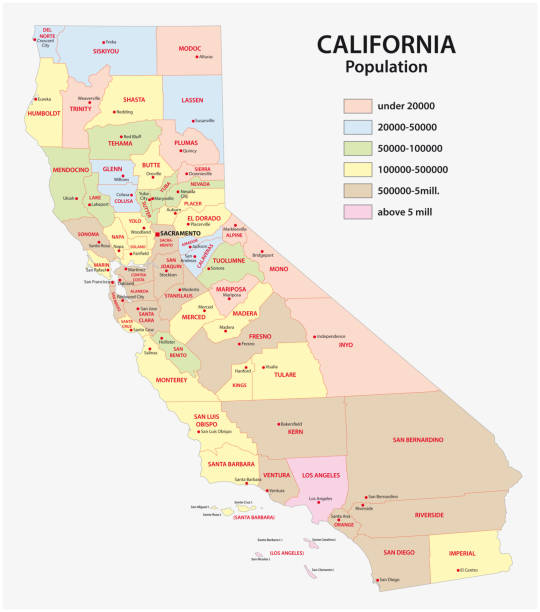 illustrazioni stock, clip art, cartoni animati e icone di tendenza di mappa amministrativa contea dello stato federale della california per densità di popolazione - map san francisco bay area san francisco county california