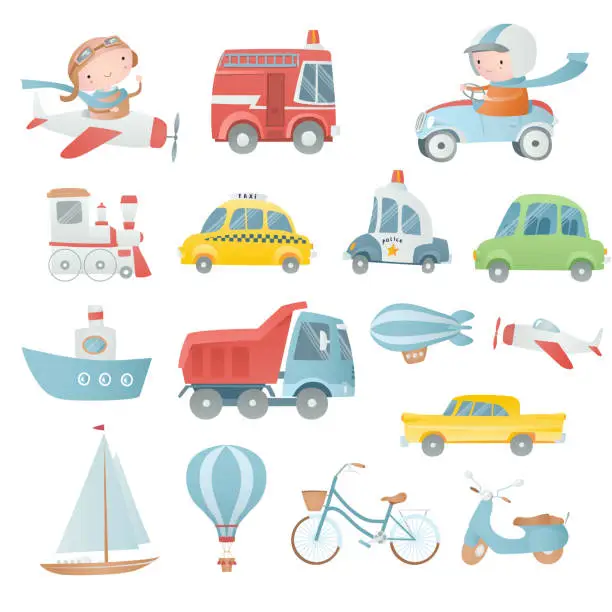 Vector illustration of Cartoon set with  a pilot, a driver and transport.
