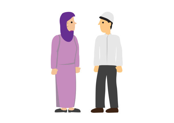 Muslim couple looking at each other. Muslim couple looking at each other. Cartoon flat vector illustration. allah the god islam cartoons stock illustrations