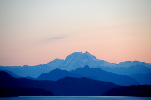 British Columbia mainland viewed from early morning Horseshoe Bay - Nanaimo ferry. Canada.