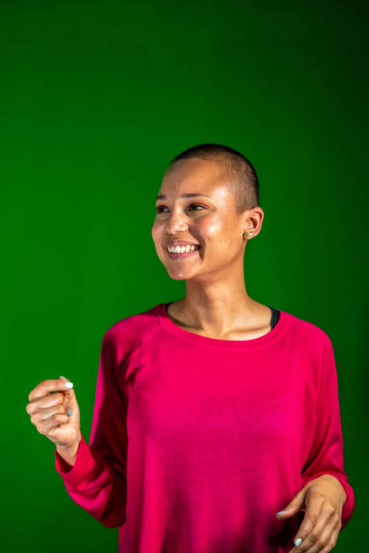 Cheerful short haired woman smiling stock photo