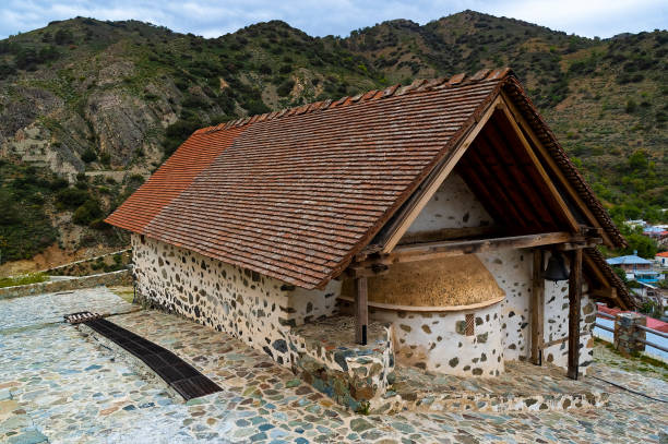 View of the church of Panagia tou Moutoulla, a listed UNESCO World Heritage Site on the Troodos range in Moutoullas, Cyprus