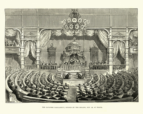 Vintage engraving of Japanese Parliament opened by the Mikado, at Tokyo, Victorian, 19th Century