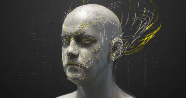 istock Abstract Robot Head With Cables And HUD Around His Head - 3D Illustration Render 1161387799
