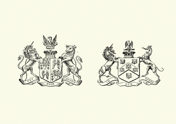 Coat of Arms, Victorian 19th Century Vintage engraving of Coat of Arms, Victorian 19th Century. Duke of Somerset and Lord De Saumarez family crest stock illustrations