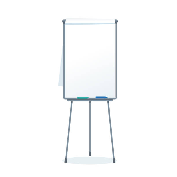 Vector realistic blank flipchart with three legs. Vector realistic blank flipchart with three legs isolated on white clean background. White roll up banner for presentation, corporate training and briefing. Vector mockup. flipchart stock illustrations