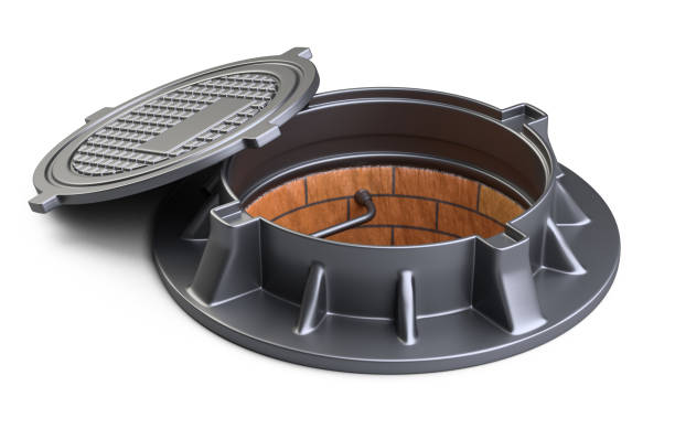 istock Sewer hatch with open lid manhole hole cover and metal steps. 1161389196