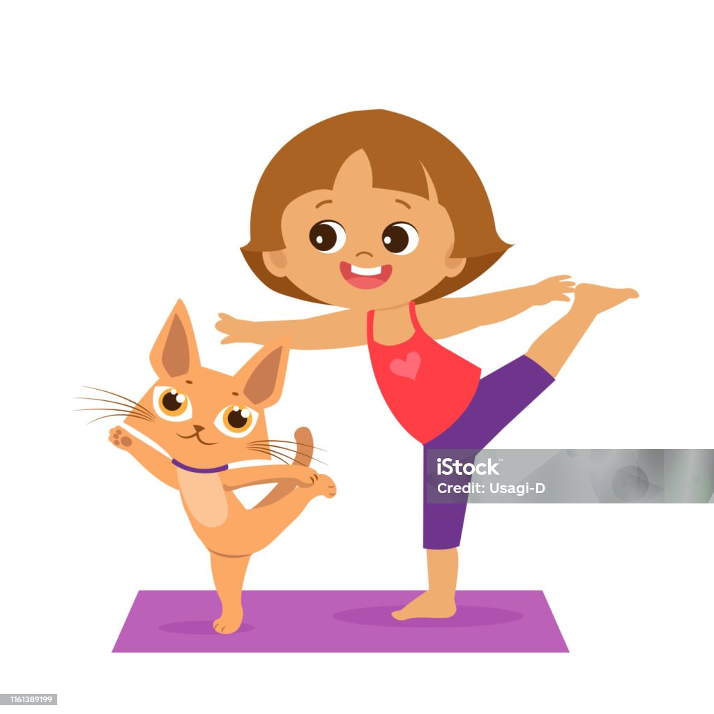 Cô Gái Hoạt Hình Trong Tư Thế Yoga Với Chú Mèo Dễ Thương Trẻ Em ...