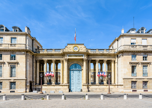 French National Assembly (Palais Bourbon) , with a statue representing the law. Paris in France, August 20 th, 2023.