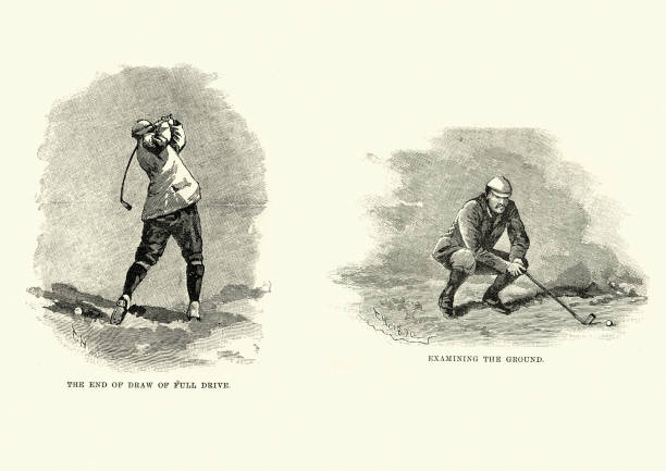 Vintage engraving of Victorian golf, full drive and examining the ground, 19th Century