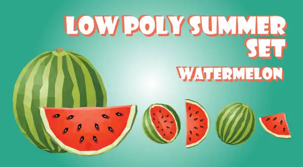 Vector illustration of Low poly summer set. Watermelon fruit polygon