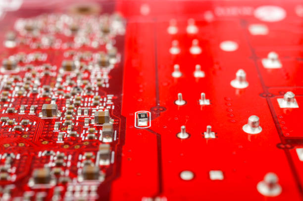 Graphic card. Part of red graphic card as background. Technology and Electronics Industry. Macro.