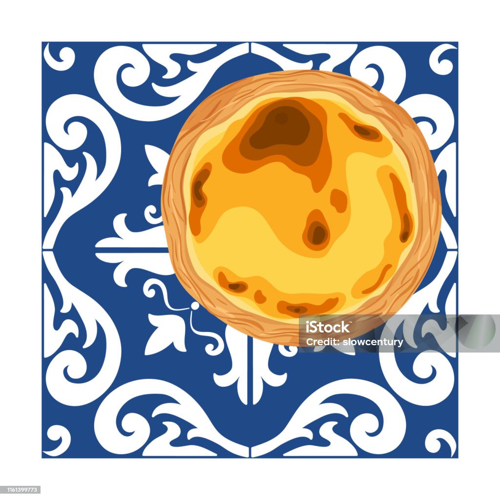 Portuguese custard tart - pastel de nata. Traditional portuguese pastry placed on azulejo tiles. Vector hand drawn illustration. - Royalty-free Pastel de Nata arte vetorial