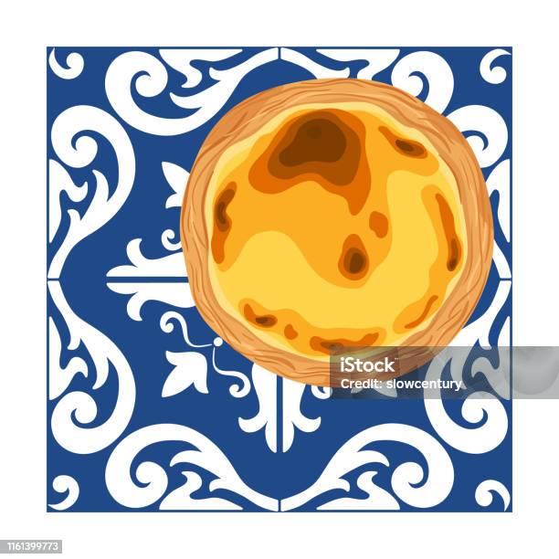 Portuguese Custard Tart Pastel De Nata Traditional Portuguese Pastry Placed On Azulejo Tiles Vector Hand Drawn Illustration - Arte vetorial de stock e mais imagens de Pastel de Nata