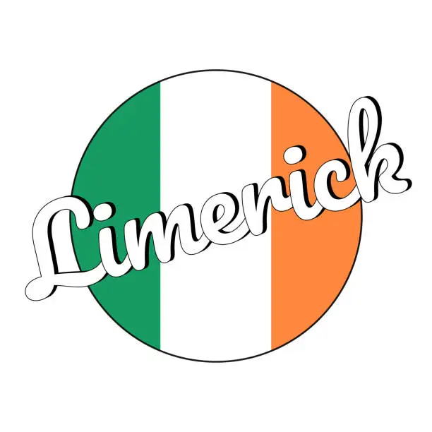 Vector illustration of Round button Icon of national flag of Ireland with green, white and orange colors and inscription of city name Limerick. lettering for logo, banner, t-shirt print. Vector EPS10 illustration.